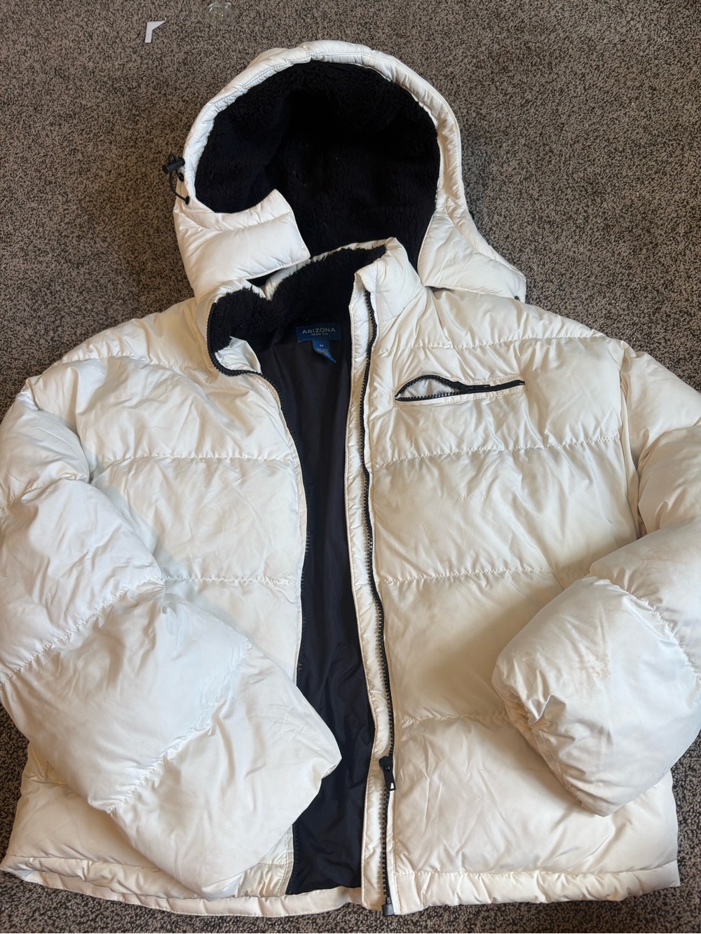 Arizona Jean Company White Quilted Hooded Puffer Jacket with Black Lining
